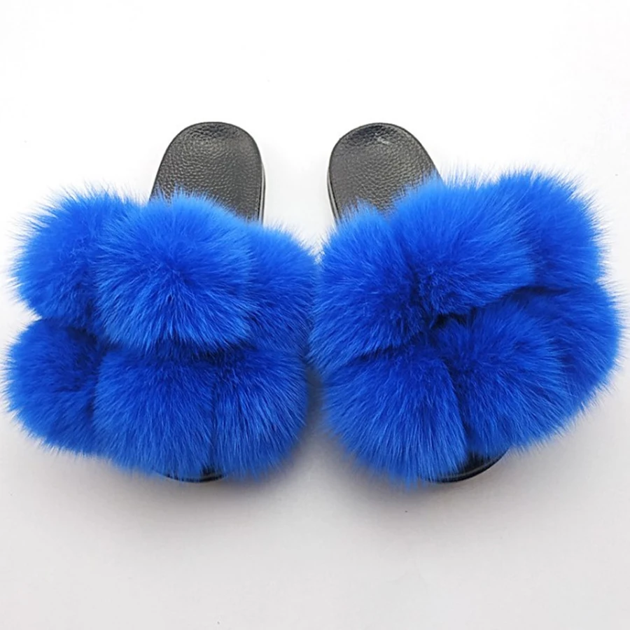 Fluffy Slides Women Pom Pom Fur Slippers 2021 Summer Fashion Fur Slides Flat Sandals Indoor Outdoor Flip Flops