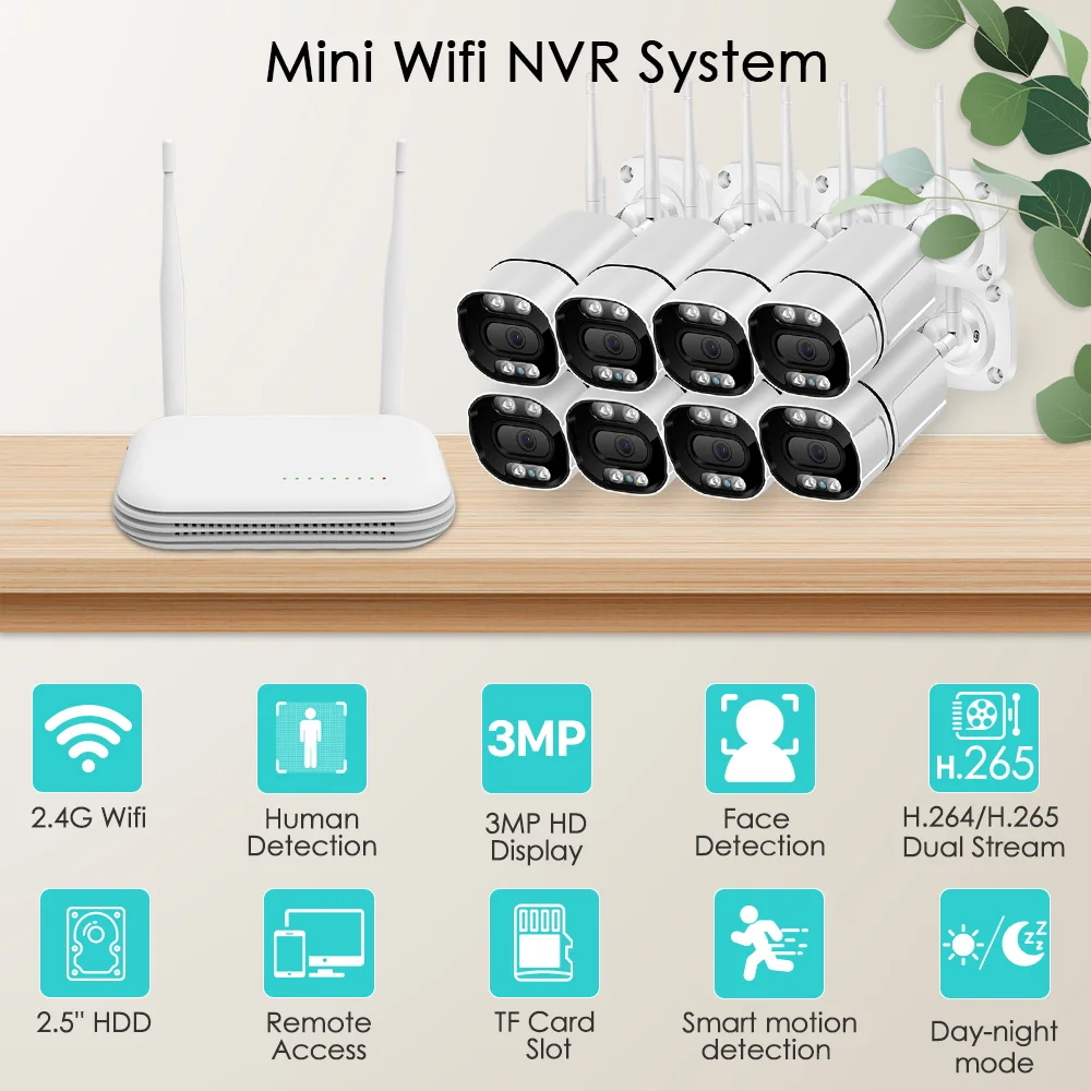 BESDER 8CH Wifi CCTV System Mini NVR AI 3MP HD Audio Outdoor IP Camera WiFi Security System Video Surveillance WiFi Kit IR LED