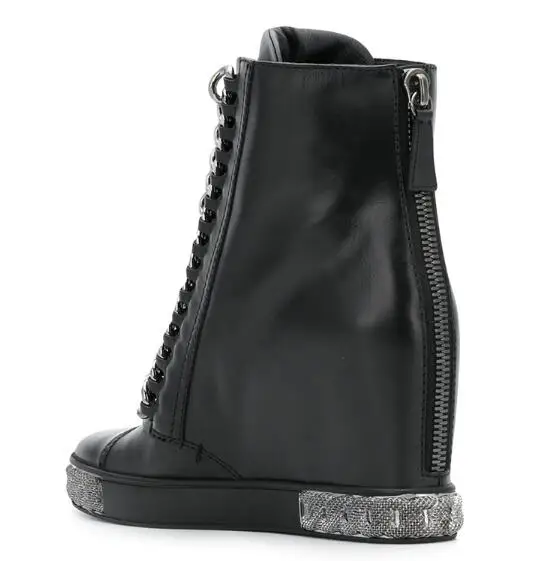 Botas de cuña de 80 mm para mujer, botines informales de punta redonda con cadenas doradas y plateadas, color negro, envío directo, novedad