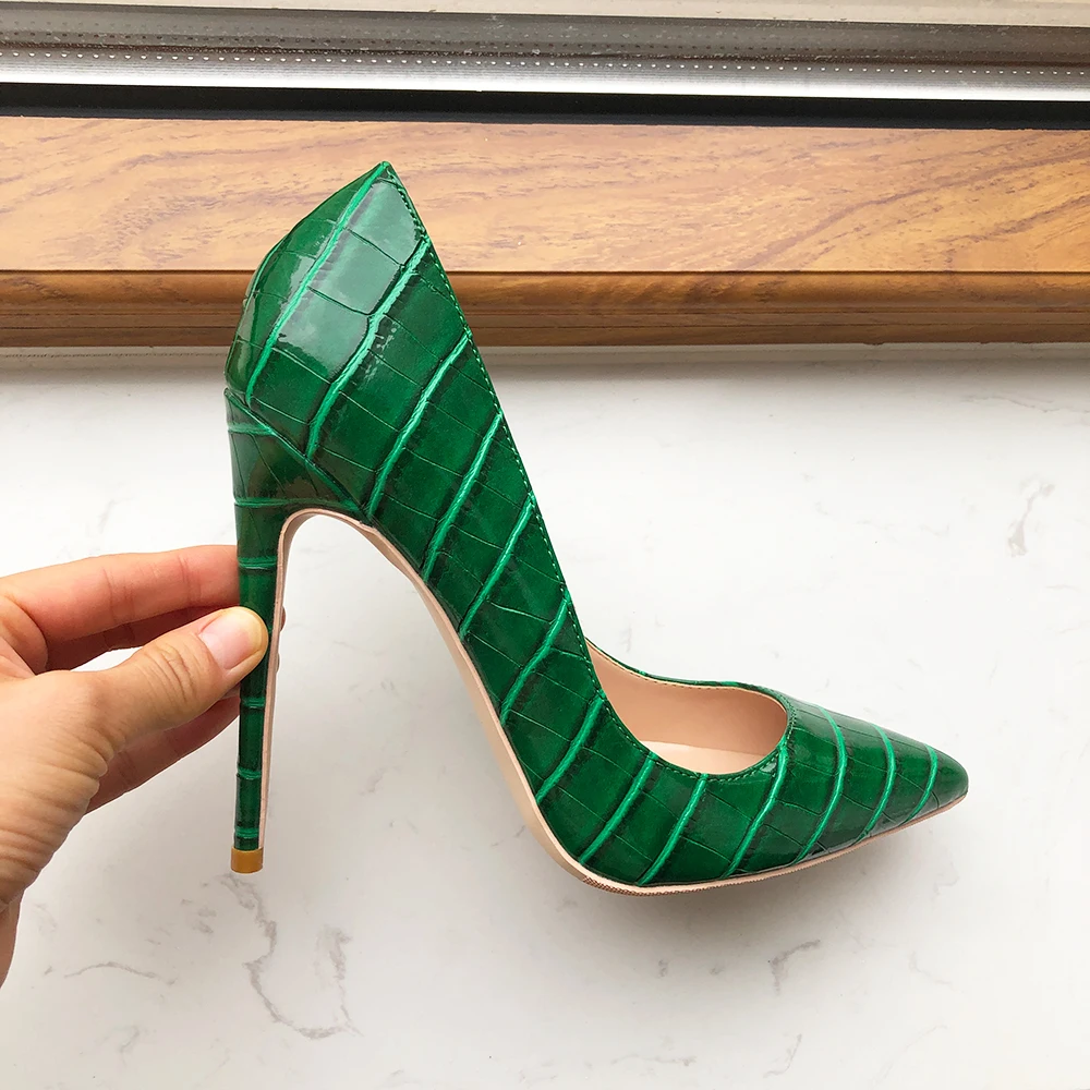 Tikicup Green Crocodile Effect Women Pointy Toe High Heels 8cm 10cm 12cm Customize Ladies Sexy Stiletto Pumps Club Party Shoes