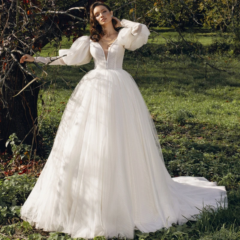 

Sexy V-Neck Appliques Long Puff Sleeves Grid Yarn Wedding Dress 2022 Vestido De Noiva Bridal Gown