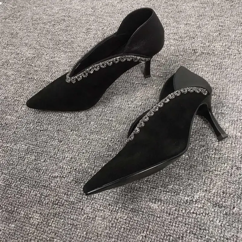 

New Fashion Pointed Toe Thin High Heel Pumps Sexy V Cut Design Crystal Women Shoes Autumn Dress Shoes Rhinestone Footwear Ladies