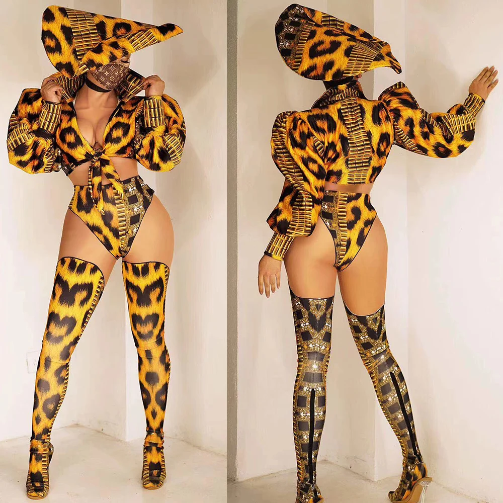 Personality Leopard Turn Down Collar Women Bodysuits Set Shining Asymmetrical Tight Nightclub Wear Show Hat Bar Dance Costume