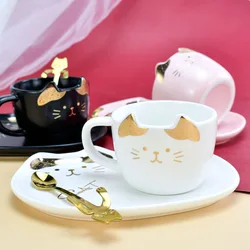 Ins 200ml Ceramic Cute Cat Drinkware Cup Coffee Cup with Tray Lid Spoon Breakfast Tableware Handgrip Animal Mugs Birthday Gift