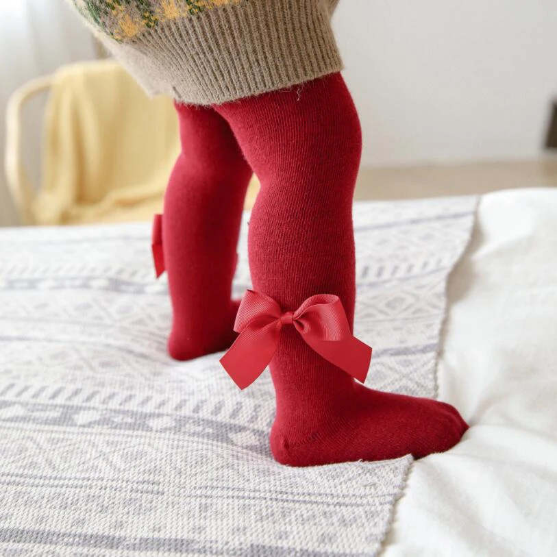 Spring Autumn Knitted Children Pantyhose Cotton ribbon bowknot Tights for Girls stocking Baby Girls children pants Winter Clothe