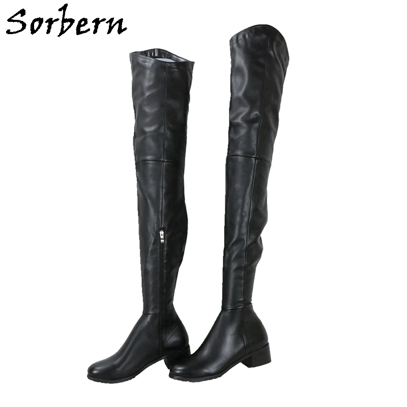 

Sorbern Unisex Crotch Thigh High Boots Flat Heel Round Toe Half Zipper Winter Style Long Boot Plush Lining Customized Slim Fit