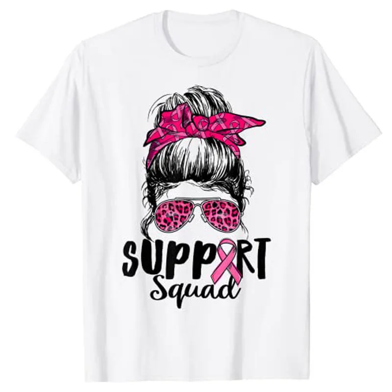 Support Squad Messy Bun Pink Warrior Breast Cancer Awareness T-Shirt Women's Fashion Graphic Tee Tops