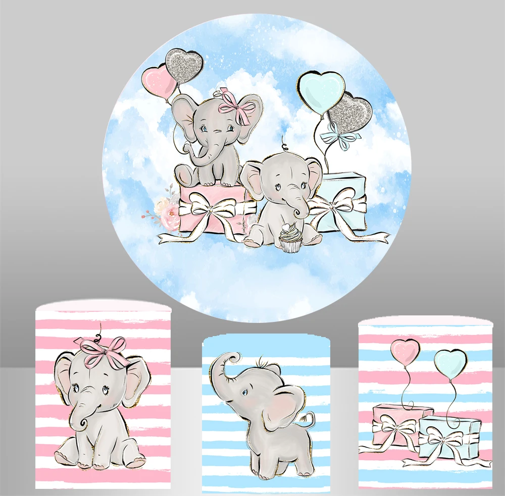 

Gender Reveal Baby Cute Elephant Circle Backdrop Round Background boy or girl baby shower party column/cylinder Covers YY-648