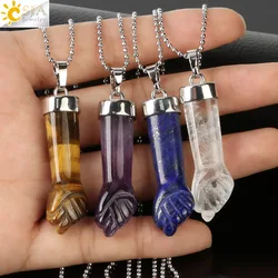 Natural Stone Pendants Necklaces Carved Fist Arm Amethysts White Crystal Pink Quartz Tiger Eye Lapis Aventurine Jewelry G291