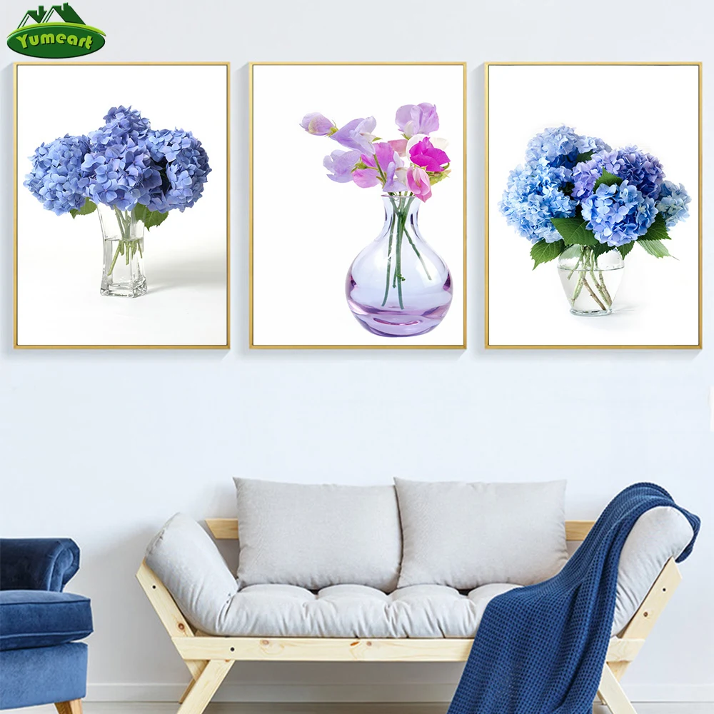 Yumeart Blue Hydrangea Phalaenopsis Canvas Print Large Wall Art Posters Prints Quote Blue Flower Wall Pictures for Living Room