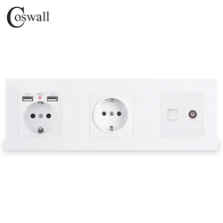 COSWALL Double Wall EU Socket Grounded With 2 USB Charge Port Hidden Soft Backlight + Female TV & RJ45 Internet Outlet PC Panel