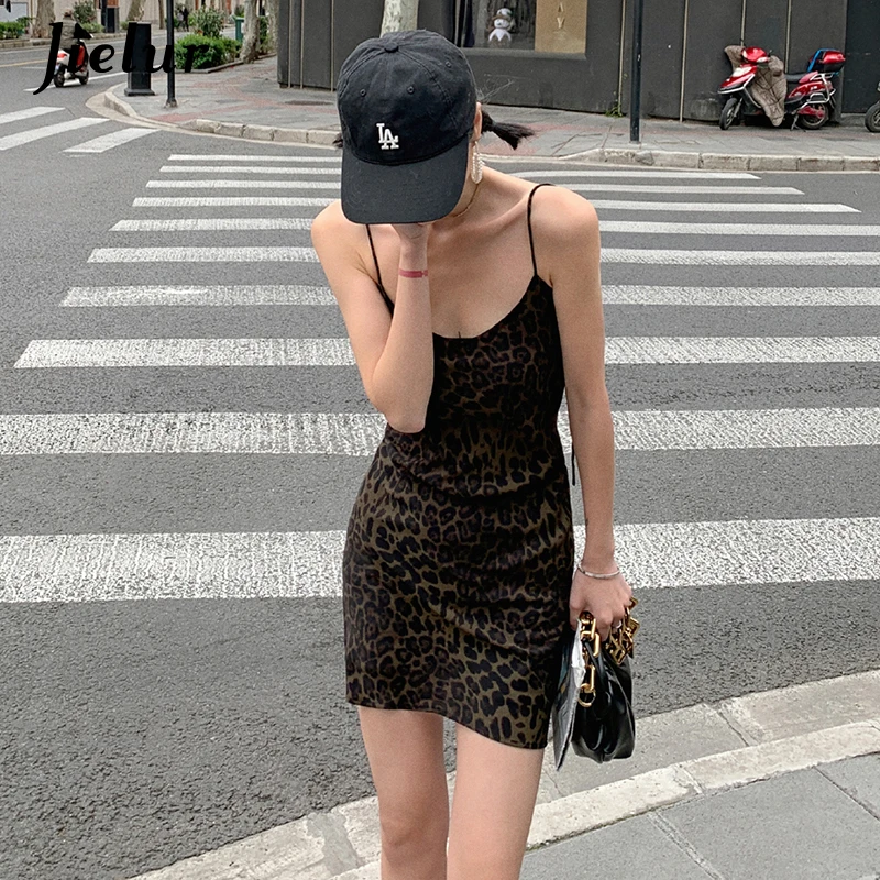 Jielur Summer Women\'s Leopard Dress Sleeveless V-Neck High Waist Woman Dresses Skinny Elegant Lady Sexy Dress For Female S-L