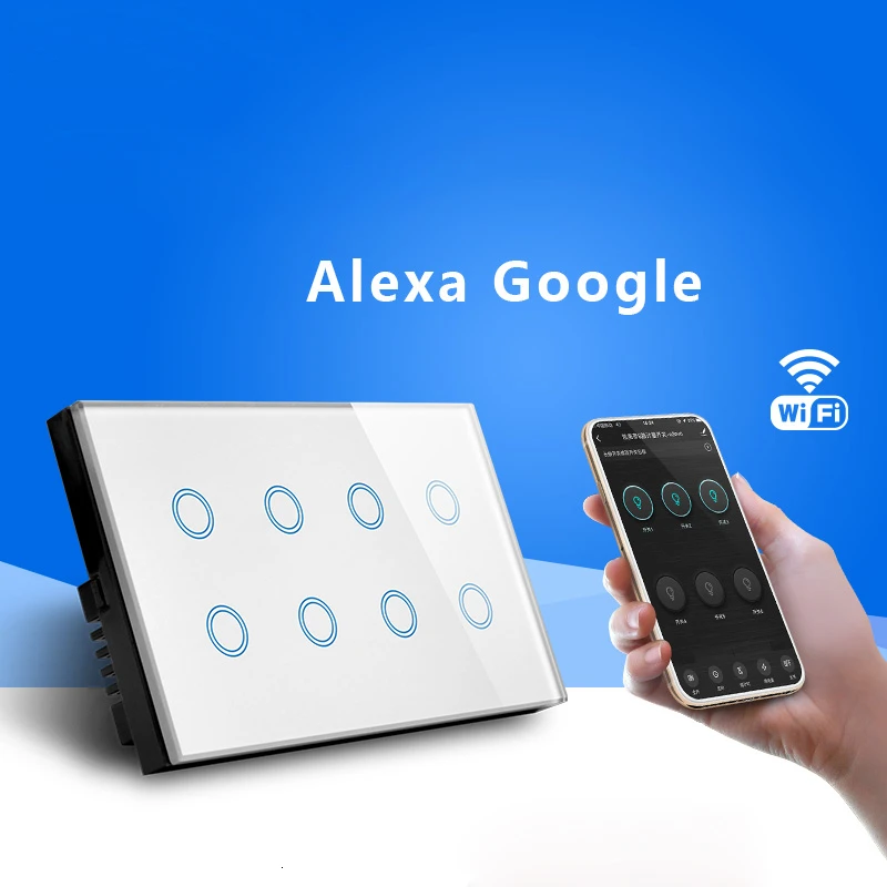 EU 146mm WIFI Touch screen 8 Gang Smart wall switch Glass Wireless Light timing switch Tuya App remote Switch With google alexa