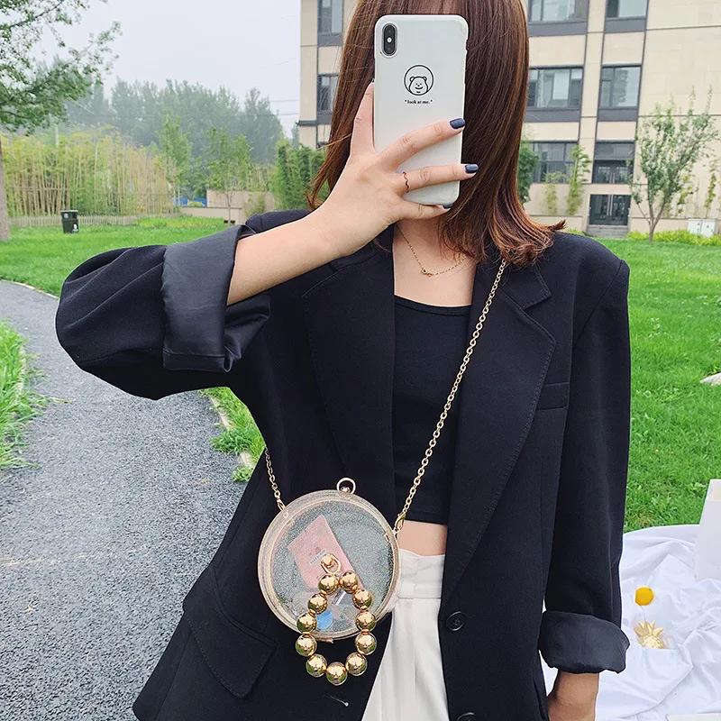 Transparent Acrylic Round Fashion Purses and Handbags for Women Sequin Beaded Shoulder Chain Bag Small Crossbdoy Bag Party Pouch