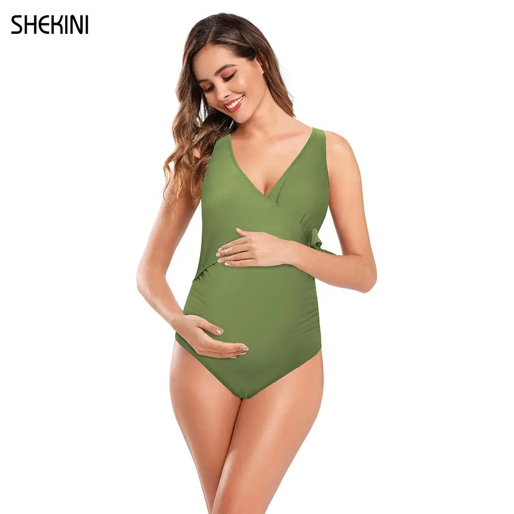 SHEKINI Women's Maternity V Neck Pregnancy Swimwear Bow Adjustable Tie Knot Front One Piece Swimsuit Pregnant 2022 Bathing Suit