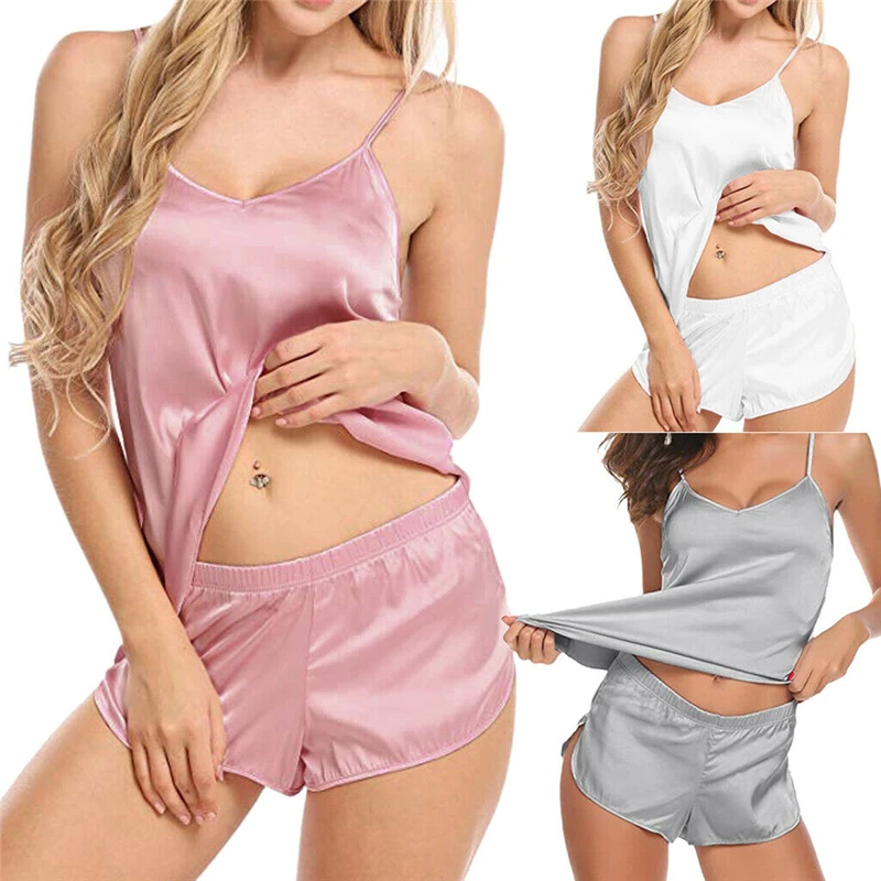 

Women Sexy Lingerie Pajama Sets Nightwear Sleeveless Sling V-neck Top Shorts Causal Comfortable Sleepwear