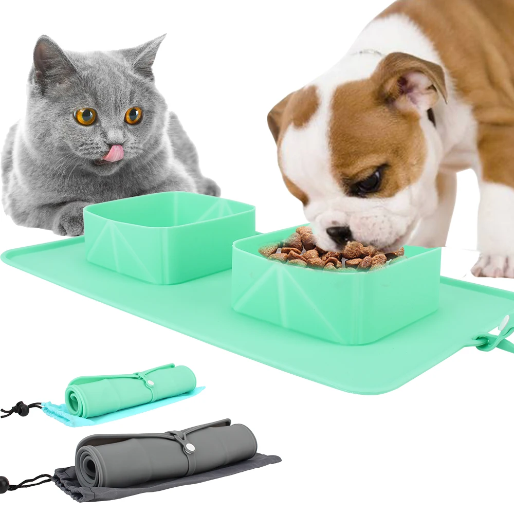 Water Feeder Silicone Portable Pet Bowl Pet Supplies With Flannel Bag Food Container Folding Double Bowls For Dogs Cats