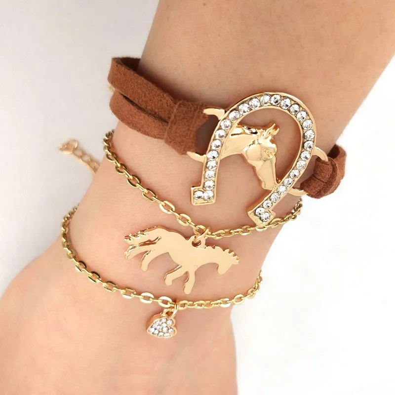hzew 3 pcs/set Leather rope horse head horseshoe bracelet gold color horse heart bracelets