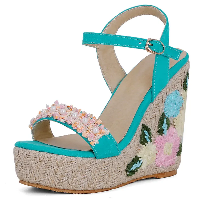 Sgesvier Platform Super High Heel Sandals Woman Shoes Espadrille Wedges Heel Sandals Flower Buckle Ladies Footwear Green Size 48