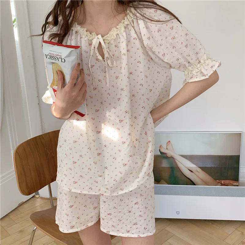 Bloemenprint Zomer Pyjama Set Vrouwen Katoenen Shirts Tops + Shorts Set Tweedelige Ruches Sweet Leuke Thuis Pak Sexy zachte Nachtjapon