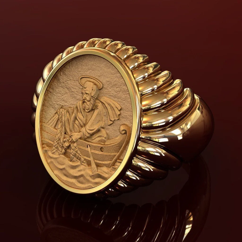 Classic Gold Color Pope Leo Fisherman's Rights Ring Fisherman Statue Male Women's Anniversary Ring Wedding Band Party Jewelry