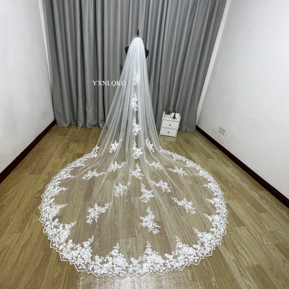 Customized 4 Meters Long Exquisite Lace Appliqued Cathedral Wedding veil Tulle Bridal Veils with Comb Bride Wedding Accessories