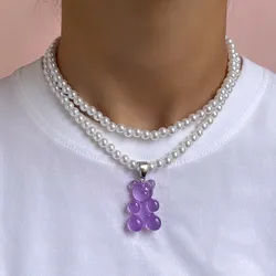 Creative New Transparent Candy Bear Pendant Beaded Necklace for Women Multilayer Imitation Pearls Beads Choker Necklaces Jewelry