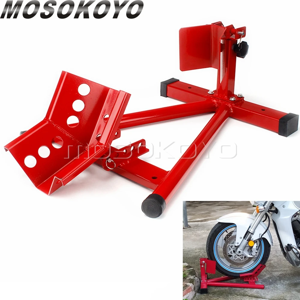 

Red Front Wheel Chock Self Locking Stand Motorcycle Tires Repairing Support Fits Most 15" - 20" Tires Moto Tyre Disassembly Tool