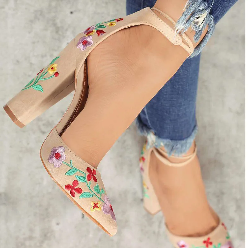 Women High Heels Plus Size Embroidery Pumps Flower Ankle Strap Shoes Female Two Piece Sexy Party Wedding Pointed Toe tyh78