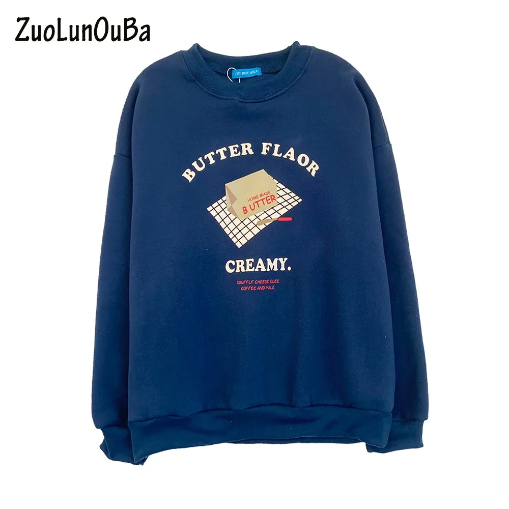 ZuoLunOuBa Women's Clothing Blue Letters Harajuku Hoodie Fall Winter Fleece Sweatshirt Long Sleeve Round Neck Pullover