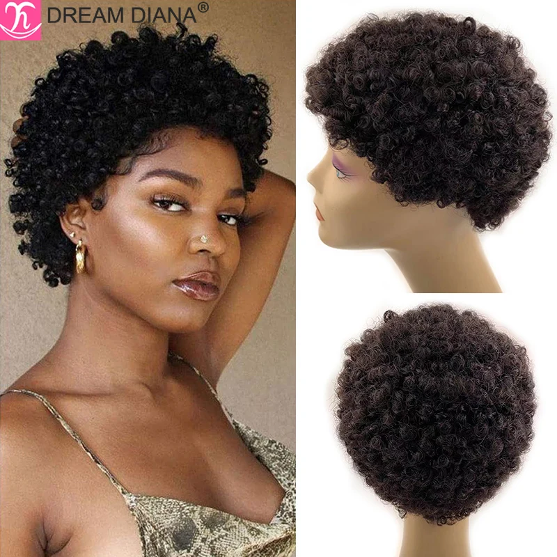 DreamDiana Brazilian Curly Hair Wigs Afro Curly Human Hair Wig Perruque Bresillienne Pixie Cut Full Machine Made Human Hair Wigs