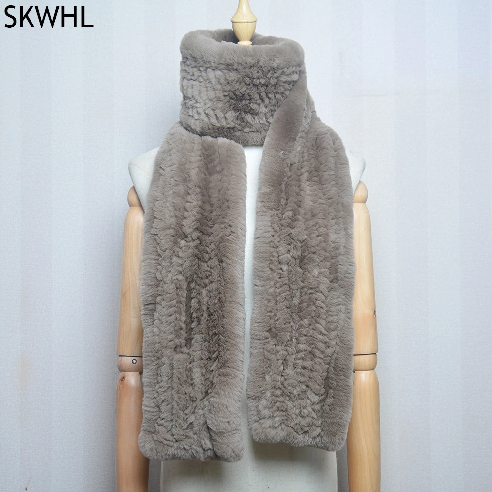 Long Style Lady Knit Real Genuine Rex Rabbit Fur Scarf Winter Knitted Rex Rabbit Fur Scarves Women Rex Rabbit Fur Neck Warmer