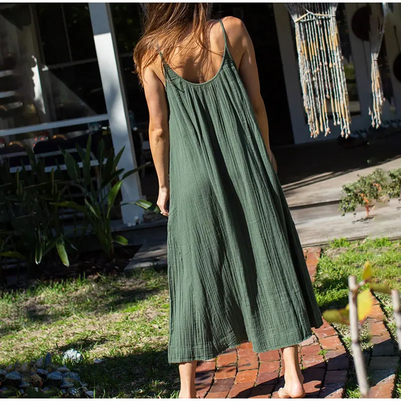 Casual 100% Cotton Summer Women's Long Dress Loose Solid Sleeveless Backless Streetwear Elegant  Female Dress Vestidos Robe