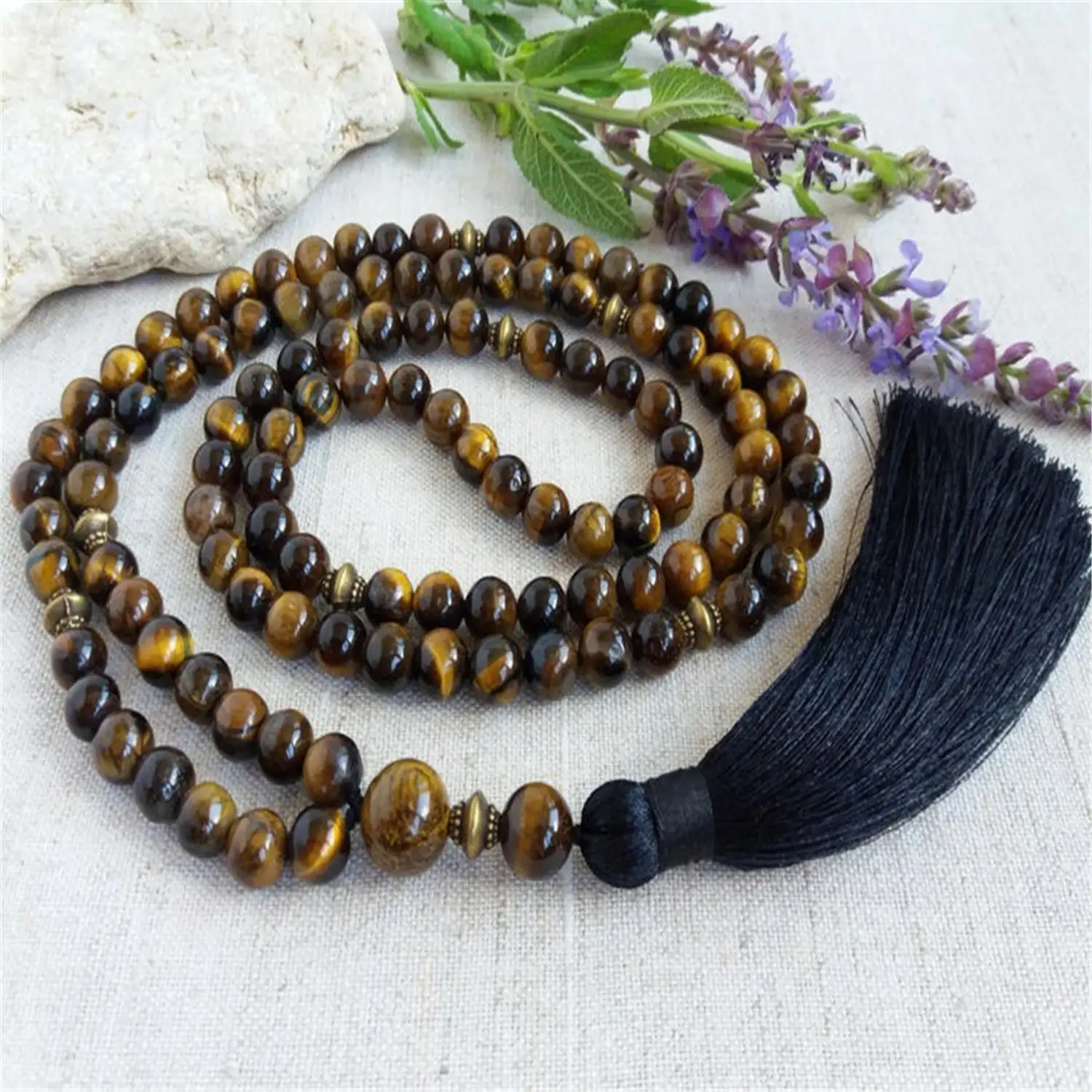 

8mm Tiger Eye 108 Beads Handmade Tassel Necklace Mala Spiritua Meditation Chakra Japa