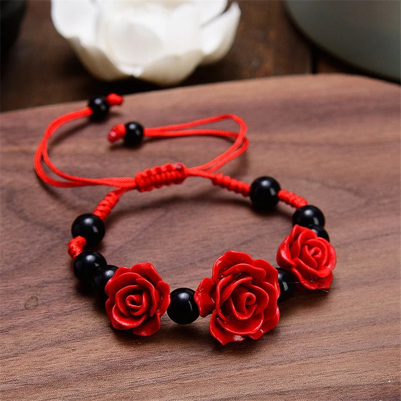 Fashion Women Rose Bracelet Ethnic Handicraft Lacquer Carved Cinnabar Rose Flower Bracelet For Women Red Rope Beaded Bracelet