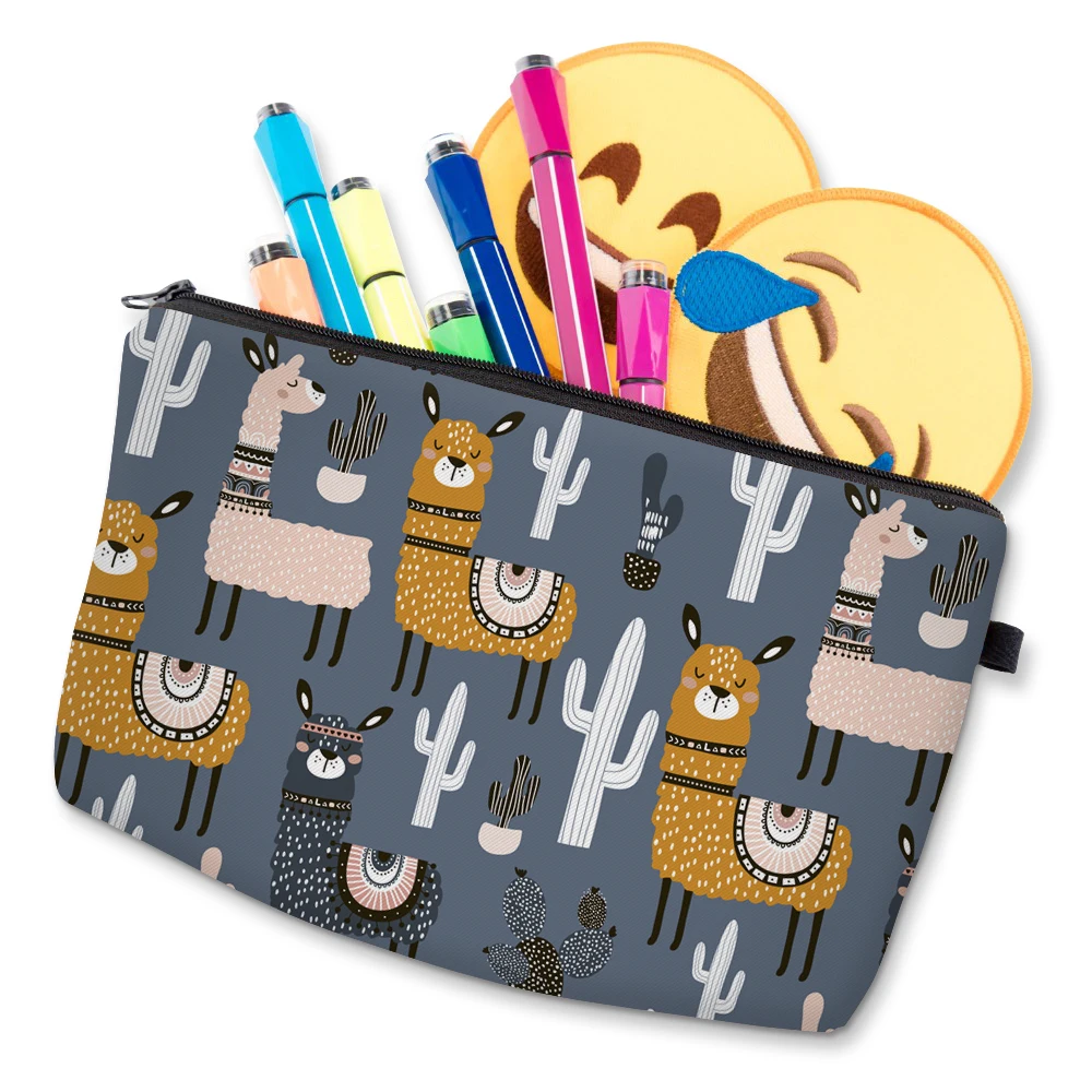 Deanfun Waterproof Small Makeup Bags Cute Llama Cactus Cosmetic Bag Gray Purse Organizer for Travel 51609