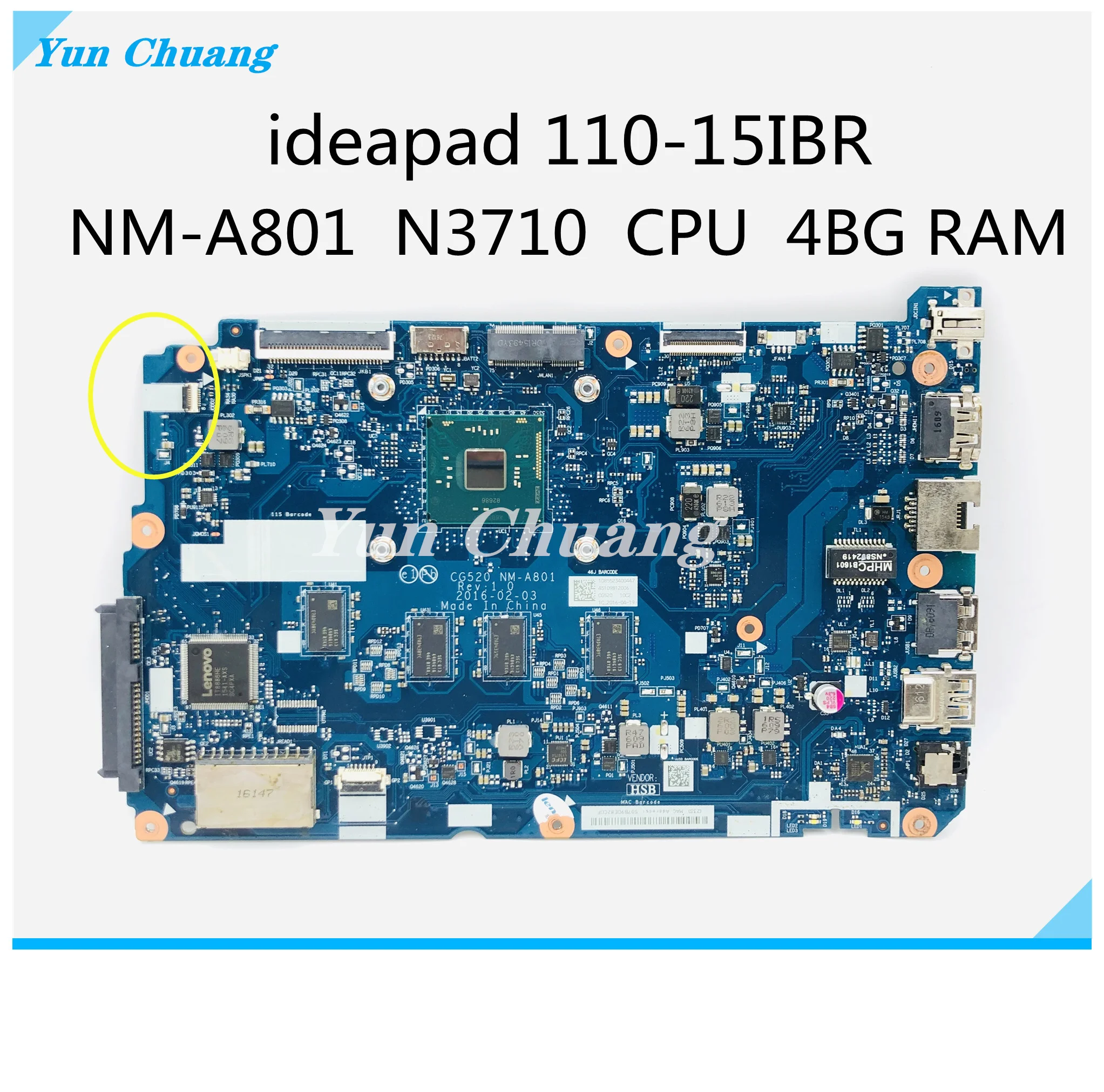 CG520 NM-A801 For Lenovo 110-15IBR Laptop Motherboard CPU N3700/3710 RAM 4GB 100% Test Work