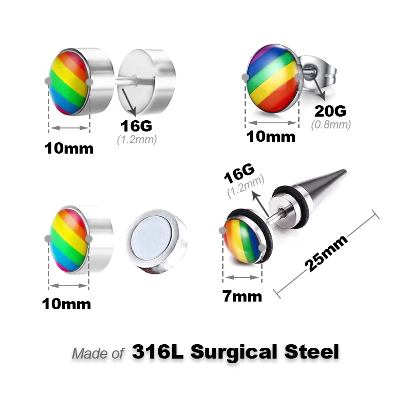 2pcs Rainbow Stud Earrings for Women Men Cartilage Fake Plug Tunnel Ear Piercing Tragus Helix Bar Stainless Steel Body Jewelry