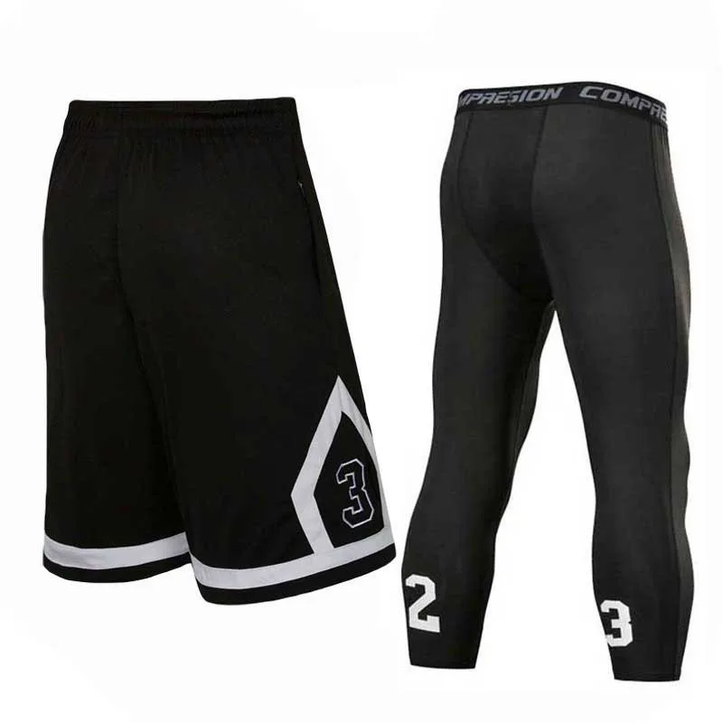 Men Basketball Sets Sport Gym QUICK-DRY Workout Suit Shorts + Tights Male Soccer Exercise Hiking Running Fitness Tracksuit 162S