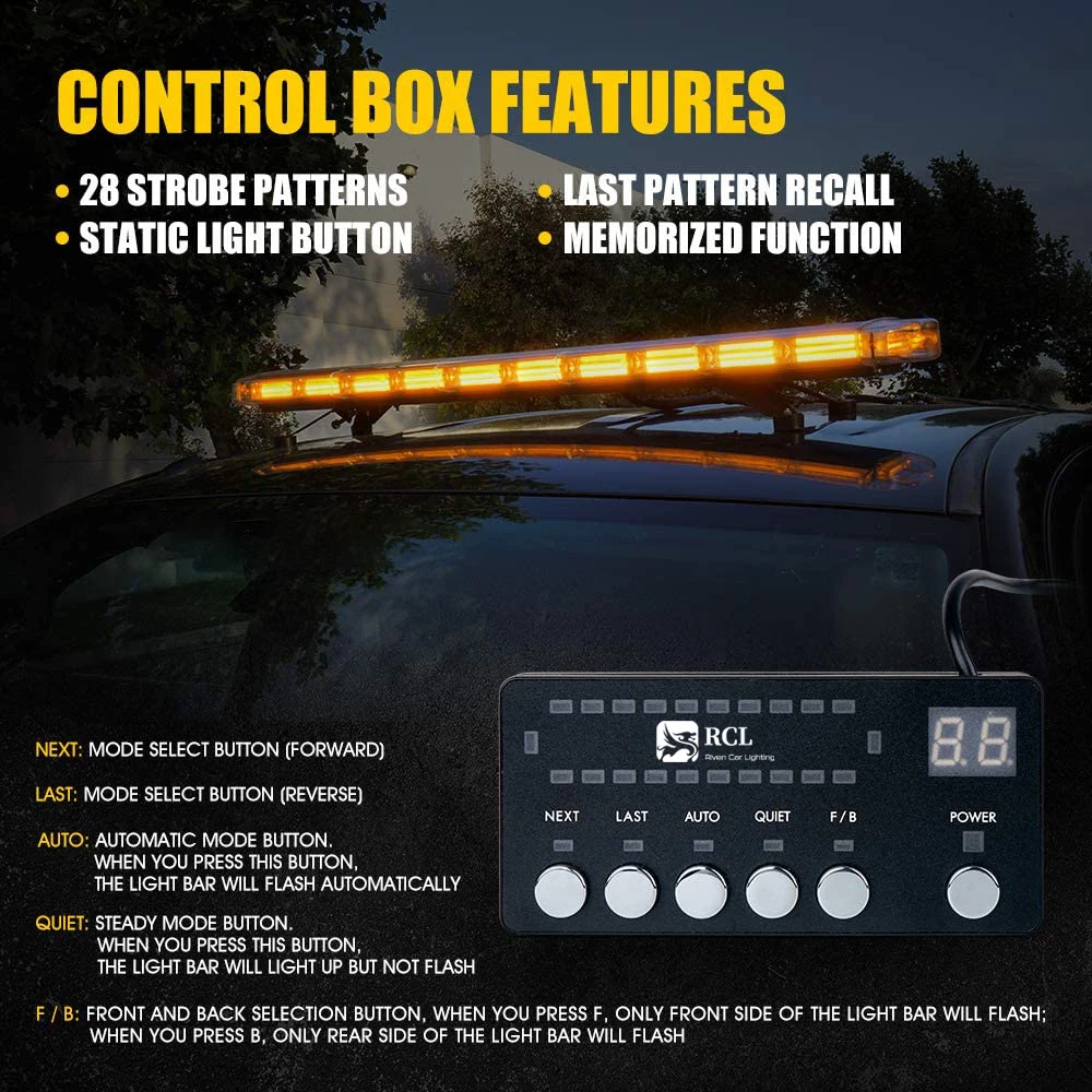 47 Inch COB LED Amber Rooftop Emergency Strobe Lights Bar w/Adjustable Mounting Brackets Hazard Warning Flashing Lighting