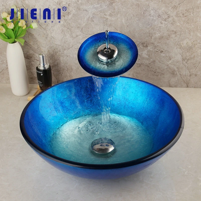 

JIENI Blue Tempered Glass Washbasin Chrome Tall Basin Tap Bathroom Sink Hand-Painted Waterfall Bath Brass Faucet Mixer Tap Set