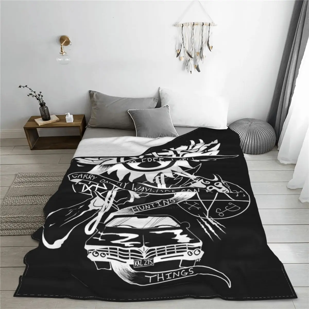 Carry On My Wayward Son Blanket Cover Flannel Supernatural Movie Symbols Ultra-Soft Throw Blanket for Airplane Travel Bedspread