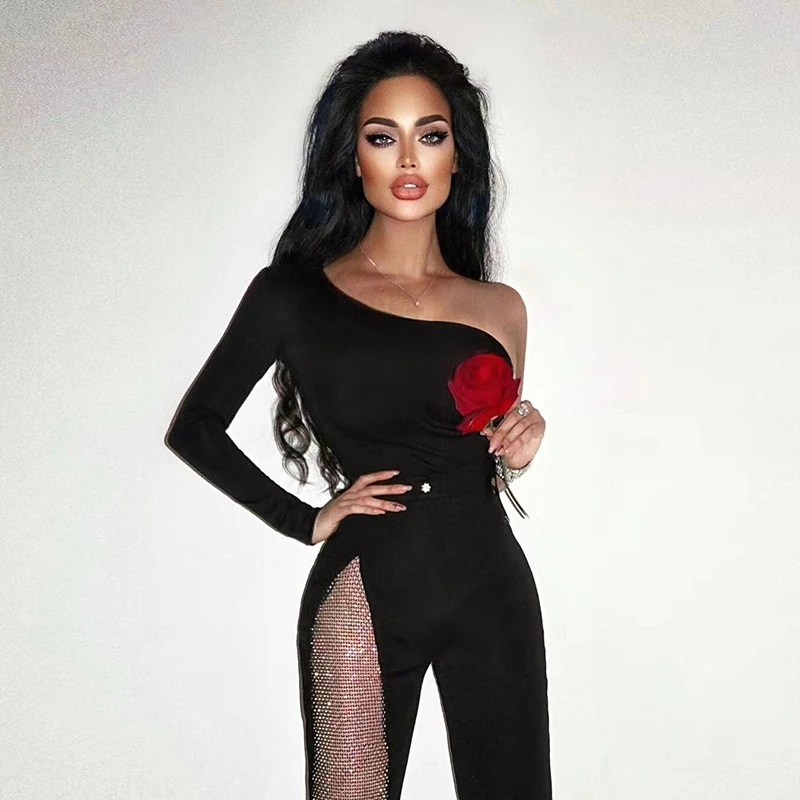 2021 High Quality Women\'s Bandage Jumpsuits One Shoulder Full Sleeve Hollow Out Rhinestone Crystal Diamond Black Celebrity Party