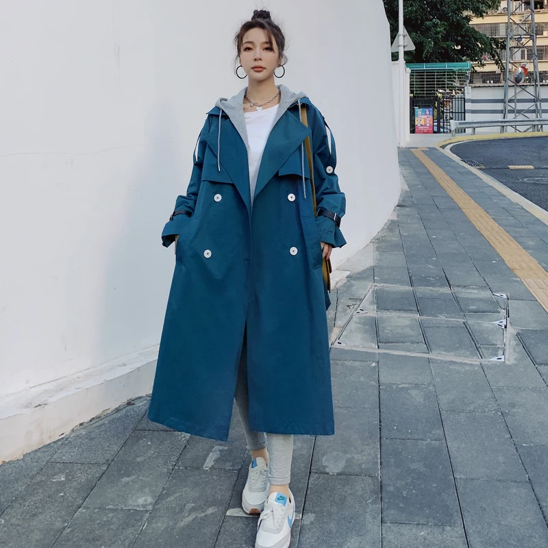 

Brand Pop Fashion Blue Color Women Trench Coat Double-Breasted with Removable Hood Spring Autumn Outerwear Lady Duster Coat