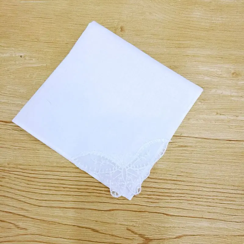 28x28cm Women Plain White Square Handkerchiefs Crochet Butterfly Lace Corner Bridal Wedding DIY Cotton Napkin Pocket Hanky Towel