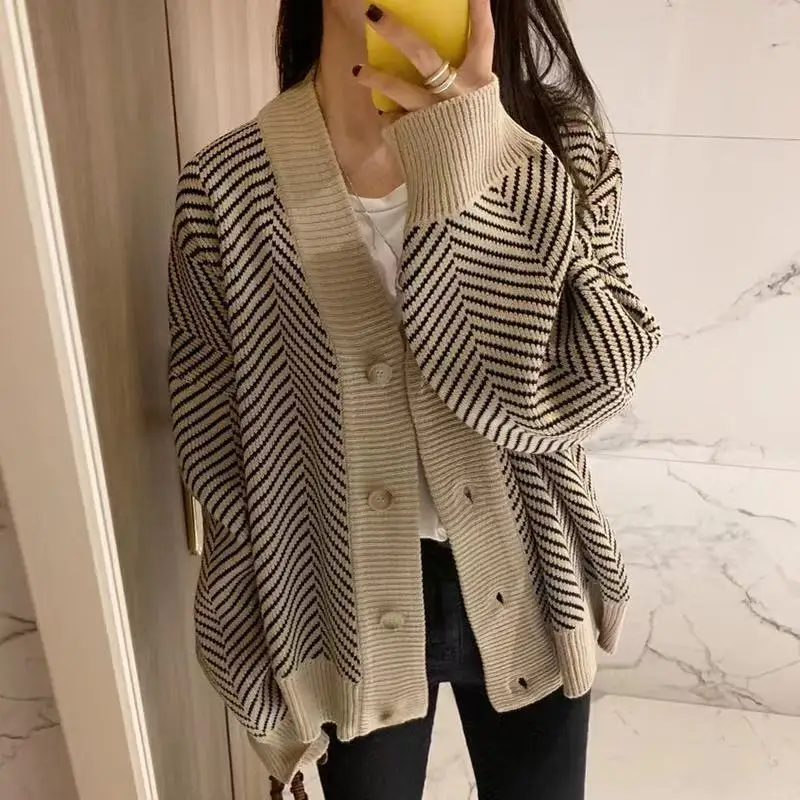 Cardigans women elegant striped pattern autumn winter cardigan vintage jumper lady fashion oversized knitted cardigan coat