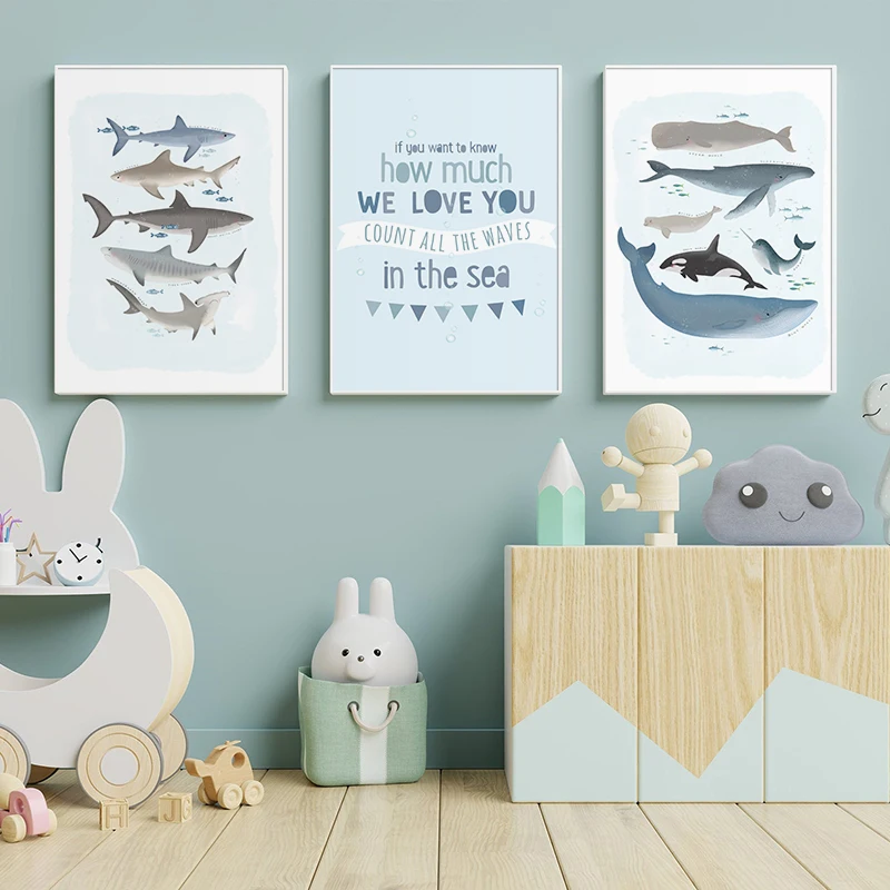 Nordic Nursery Posters Whales Shark Wall Art Canvas Painting Love Quotes Prints Wall Pictures for Kids Boys Girls Room Decor