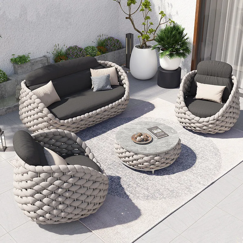 

New design 4-person outdoor furniture aluminum wicker / hemp rope sofa set couch with cushions for poolside ,hotels good quality