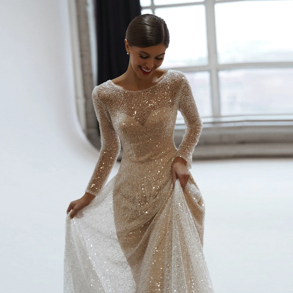 Abito da sposa glitterato per sposa con maniche lunghe Backless paillettes ospite abito da sposa lunghezza del pavimento Robe De Mariage una linea