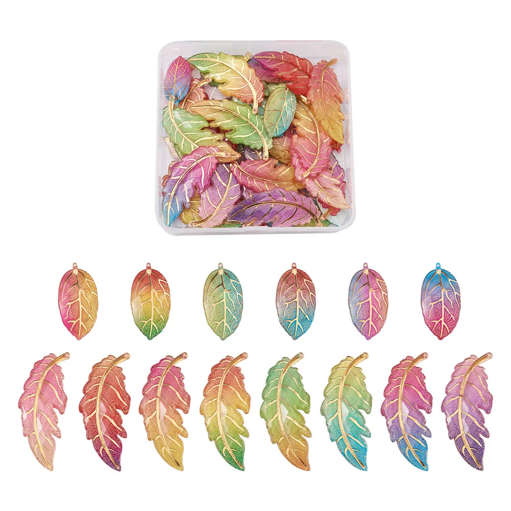 56pcs/box Leaf Charms Rainbow Color Resin Pendants Transparent Acrylic Big Pendants For DIY Jewelry Earrings Necklace Making